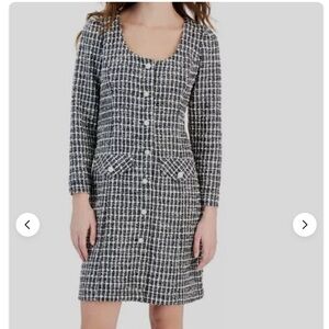 Taylor womens tweed black and white boule knit button front mini dress